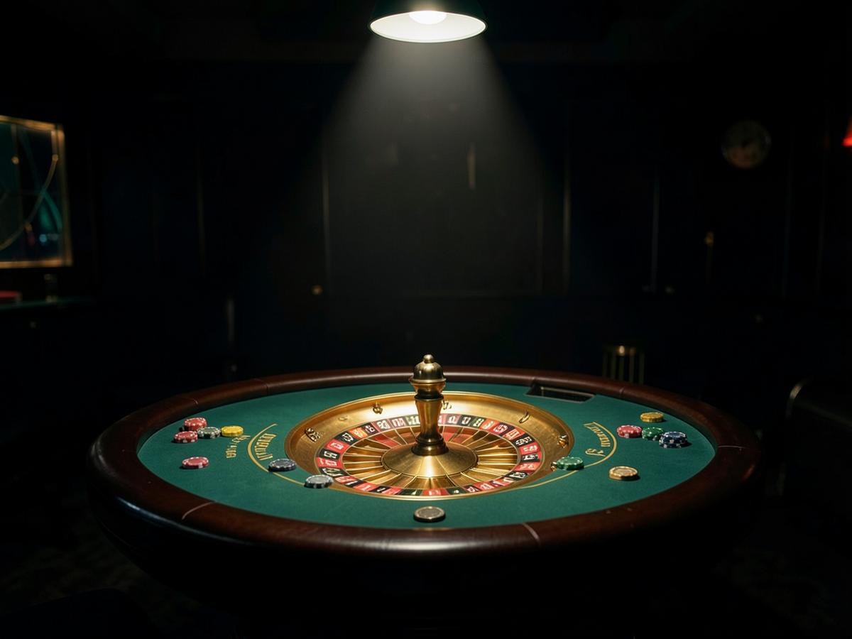 Roulettetisch mit Chips unter Spotlight